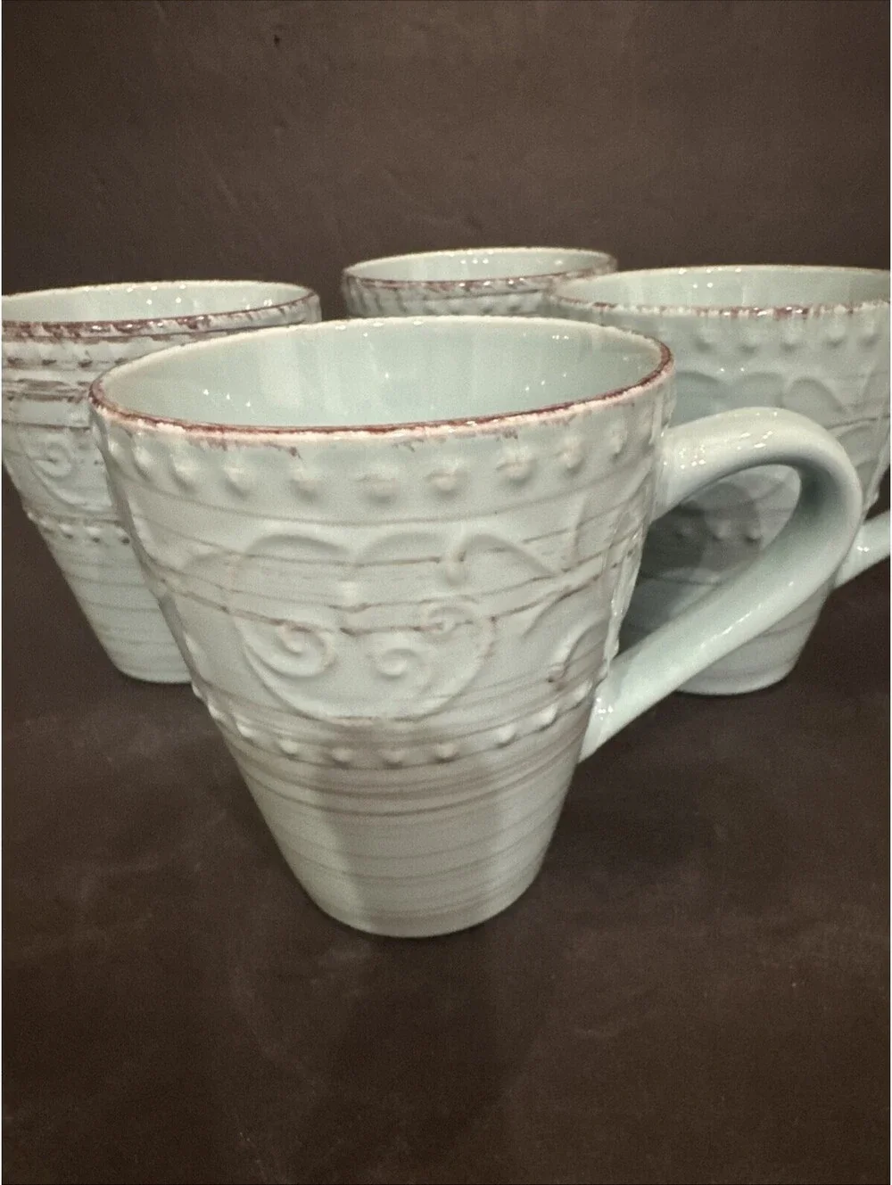Elama Malibu Waves Coffee Cups Set Of 4 Rustic Stoneware 4.25” H By 3.75 W